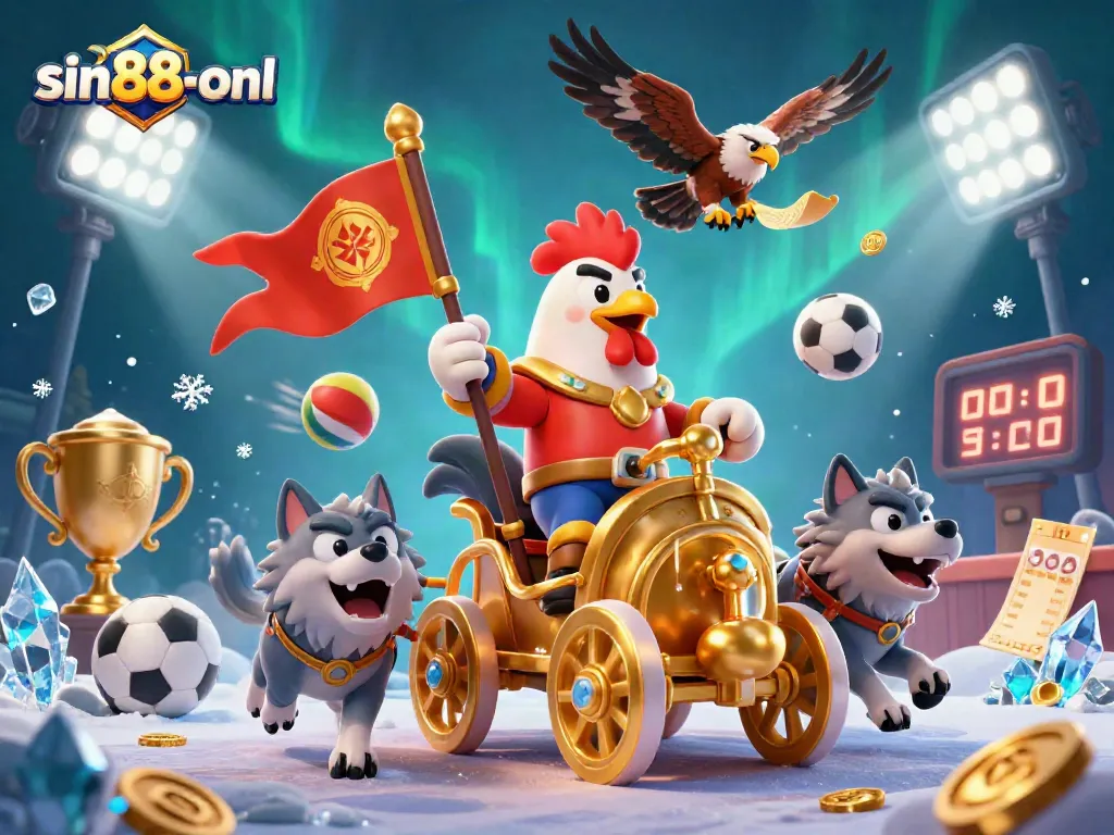 Experience excitement with sin88-onl in this lively 3D casino scene featuring a rooster warlord and sports elements.